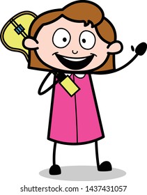 Holding a Guitar and Gesturing with Hand - Retro Office Girl Employee Cartoon Vector Illustration
