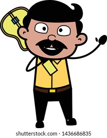 Holding a Guitar and Waving Hand - Indian Cartoon Man Father Vector Illustration