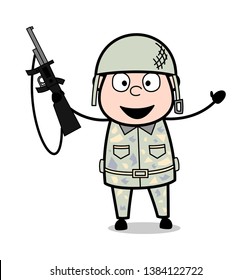 Holding a Gun and Dancing - Cute Army Man Cartoon Soldier Vector Illustration