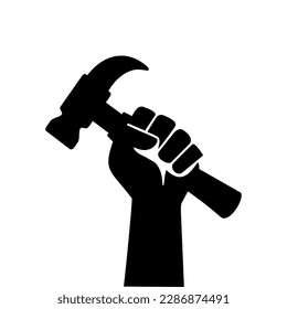 and Holding Hammer Punch Up Worker Labor Gesture Black Silhouette Vector Illustration