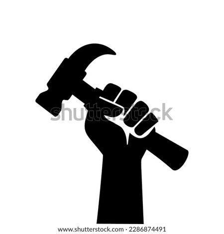 and Holding Hammer Punch Up Worker Labor Gesture Black Silhouette Vector Illustration