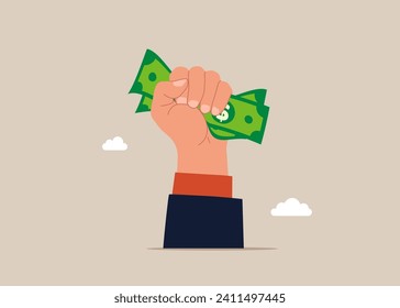 Holding up a hand full of dollar bills money. Flat vector illustration