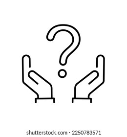 holding hand question mark icon, faq support, puzzled or uncertainty bubble, doubt ask, frequently information advice, thin line symbol on white background - editable stroke vector illustration