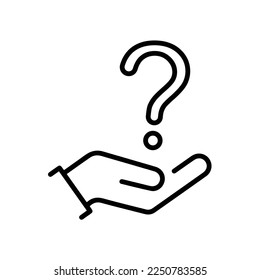 holding hand question mark icon, faq support, puzzled or uncertainty bubble, doubt ask, frequently information advice, thin line symbol on white background - editable stroke vector illustration