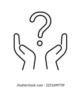 holding hand question mark icon, faq support, puzzled or uncertainty bubble, doubt ask, frequently information advice, thin line symbol on white background - editable stroke vector illustration
