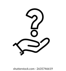 Holding hand question mark icon, faq support, puzzled or uncertainty bubble, doubt ask, frequently information advice, thin line symbol on white background.