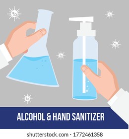 Holding hand sanitizer pump bottle, washing gel, alcohol gel in Lab