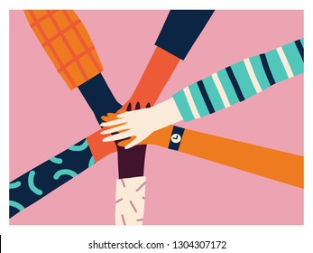 Holding hands circle, 8 of march women power concept. Teamwork card or poster.