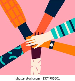 Holding hands circle, 8 of march women power concept. Give five teamwork card or poster.