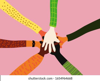 Holding hands circle. Hands of diverse group of people putting together. Concept design of cooperation, teamwork. doodle cartoon vector illustration