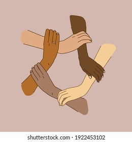 Händlerkreisposter oder Banner halten. Gemeinsam für immer. Konzept des freundschaftlichen Tages. Abstrakte Linienkunst. Moderne, handgezeichnete Vektorgrafiken. Frauenpower, Minimalistische Formen für Social Media.