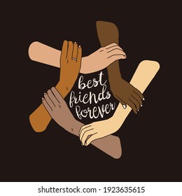 Holding hands circle poster or banner. Together forever. Friendship day concept. Abstract line art. Modern hand drawn vector illustrations. Women power, Minimalistic shapes for Social  media.