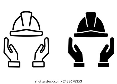 Holding hands with construction helmet icon. Labour day symbol. Engineering pictogram. Safety and protection sign.