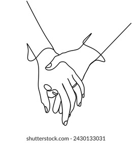 Holding hands in continuous one line art drawing. Couple romance vector illustration editable stroke. 