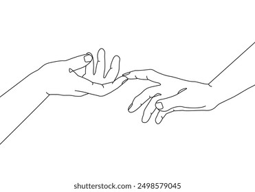 Holding Hands Continuous One Line Drawing Black Lines Isolated Sketch on White Background. Couple Hands Minimalist Vector Illustration