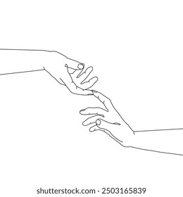 Holding Hands Continuous One Line Drawing Black Lines Isolated Sketch on White Background. Couple Hands Minimalist Vector Illustration	