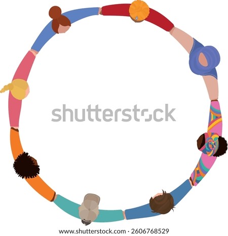 holding hands. Cooperation and teamwork.Community of friends or volunteers. Partnership. Multiethnic people. Top view
