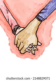 Holding hands couple. Cartoon watercolor style. doodles hand drawn female and a male person holding hands. vector illustration
