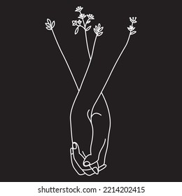 Holding hands couple together. Floral plants. Man and woman. Male and female. Black and white. Black background. Line drawing.