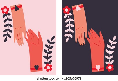 Holding hands gestures flat vector illustration. Share your Love. Illustration for Valentine's day in the vintage style. Love concepts, sticker design elements. Valentine's day cards. Love messages.