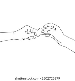 Holding Hands of Heart Continuous One Line Drawing Black Lines Isolated Sketch on White Background. Couple Hands Minimalist Vector Illustration