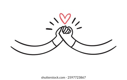 holding hands and heart doodle hand drawn icon. Outline drawing friendship hands or romantic hands line clipart symbol. Vector illustration