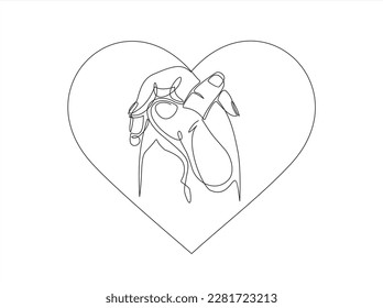 Holding hands  in heart one line drawing on white isolated background. Man's hand holding woman's hand inside heart. Vector illustration