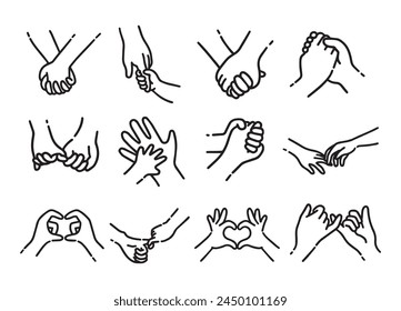 Holding Hands, Heart Hands, Pinky Promise Hands Line Doodles that show love and friendship of couples, friends, mother, father, and children