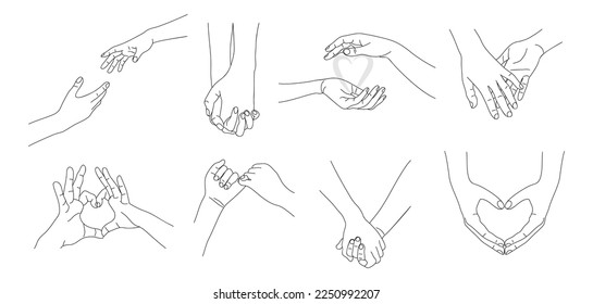 Holding Hands, heart shape, Hands together Outline Drawing. Love, relationship, Valentines day concept. Monochrome hand drawn line art vector illustrations set isolated on white background.