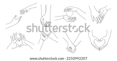 Holding Hands, heart shape, Hands together Outline Drawing. Love, relationship, Valentines day concept. Monochrome hand drawn line art vector illustrations set isolated on white background.