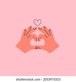 Holding hands. Heart sign. Hand drawn trendy Vector illustration. Cartoon style. Love, romance concept. Flat design. Print, poster, card, logo, social media icon template for your own design