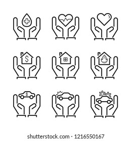 Holding Hands Icon Set, protection and savings concept. Simple flat design. Isolate on white background.