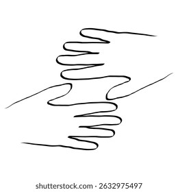 Ilustração de mãos dadas. Arte de linha mínima. Símbolo de conexão de vetor. Estilo branco preto.
