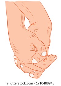 Holding hands with interlocked fingers drawn in black lines on a white background. Symbol of a couple in love, romance, tenderness. Vector illustration on a white background.