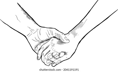 Holding hands with interlocked or intertwined fingers drawn by black lines isolated on white background. Symbol of couple in love, romance, tenderness, dating. Monochrome vector illustration.