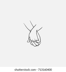 Holding hands with interlocked or intertwined fingers drawn by black lines isolated on white background. Symbol of couple in love, romance, tenderness, dating. Monochrome vector illustration.