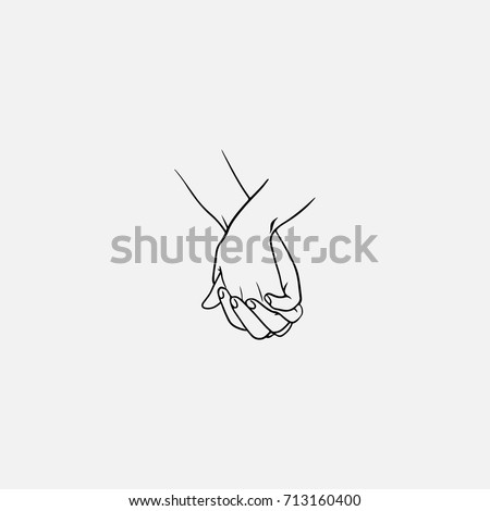 Holding hands with interlocked or intertwined fingers drawn by black lines isolated on white background. Symbol of couple in love, romance, tenderness, dating. Monochrome vector illustration.