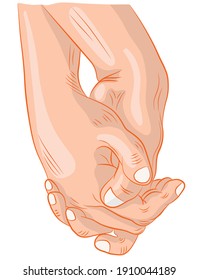 Holding hands with interlocking or interlocking fingers drawn in black lines on a white background. Symbol of a couple in love, romance, tenderness.Vector illustration on a white background.