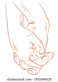 Holding hands with interlocking or interlocking fingers drawn in black lines on a white background. Symbol of a couple in love, romance, tenderness.Vector illustration on a white background.