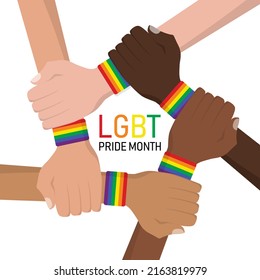 holding hands LGBT colorful rainbow flag wristbands. happy pride month community. Lesbian Gay Bisexual Transgender in love. Human rights lgbt concept. vector illustration in flat style. 