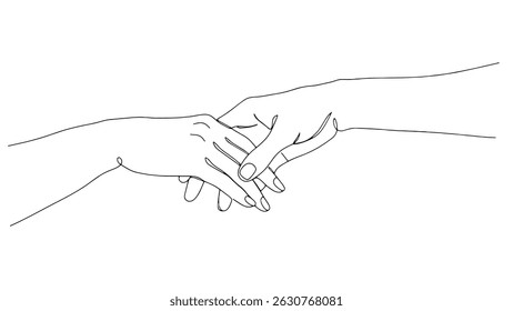 Ilustração da arte da linha de mãos dadas. Dedos entrelaçados, toque suave mostrado. Relacionamento casamento convites terapia sites. Fundo branco de estilo minimalista