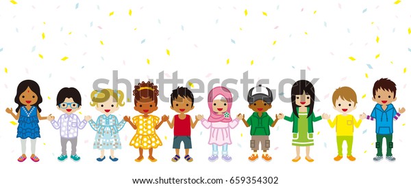 Holding Hands Multi Ethnic Children In Confetti Background, Stan Stock