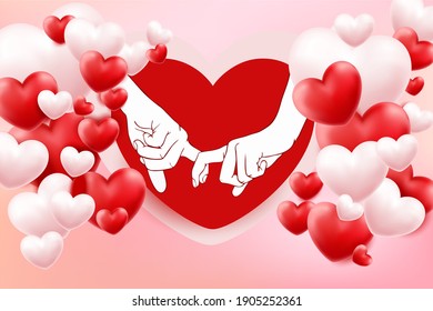 Holding hands on background symbol of heart pink and red color.concept of supporting, vector illustration