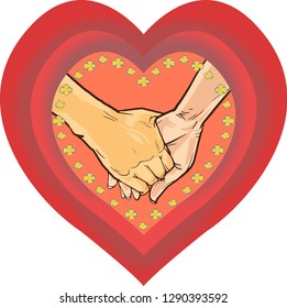 Holding hands on red heart. concept of supporting, vector illustration.