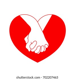 Holding hands on red heart. icon design in flat style. concept of supporting, you and me together. Vector illustration.
