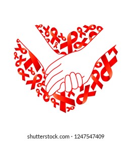 Holding hands on red ribbon fill in heart shape. World AIDS Day. Aids Awareness icon design for poster, banner, t-shirt. Vector illustration isolated on white background.