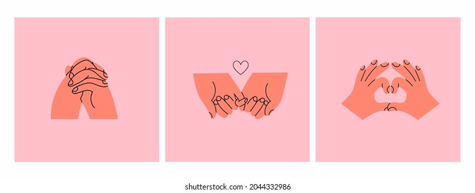 Holding hands, one finger hold, heart sign. Hand drawn trendy Vector isolated illustrations. Cartoon style. Love, romance concept. Flat design. Print, poster, card, logo, social media icons set