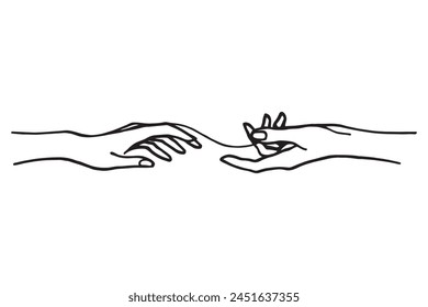Holding hands one line drawing on white isolated background. Vector illustration.