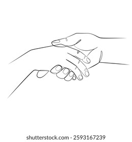 Holding hands one line drawing on white isolated background