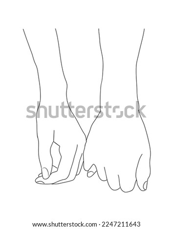 Holding Hands, Outline Drawing, Hand Holding together. Love, relationship, Valentines day concept. Monochrome hand drawn ink style sketch. Modern minimalist line art vector illustration on white.